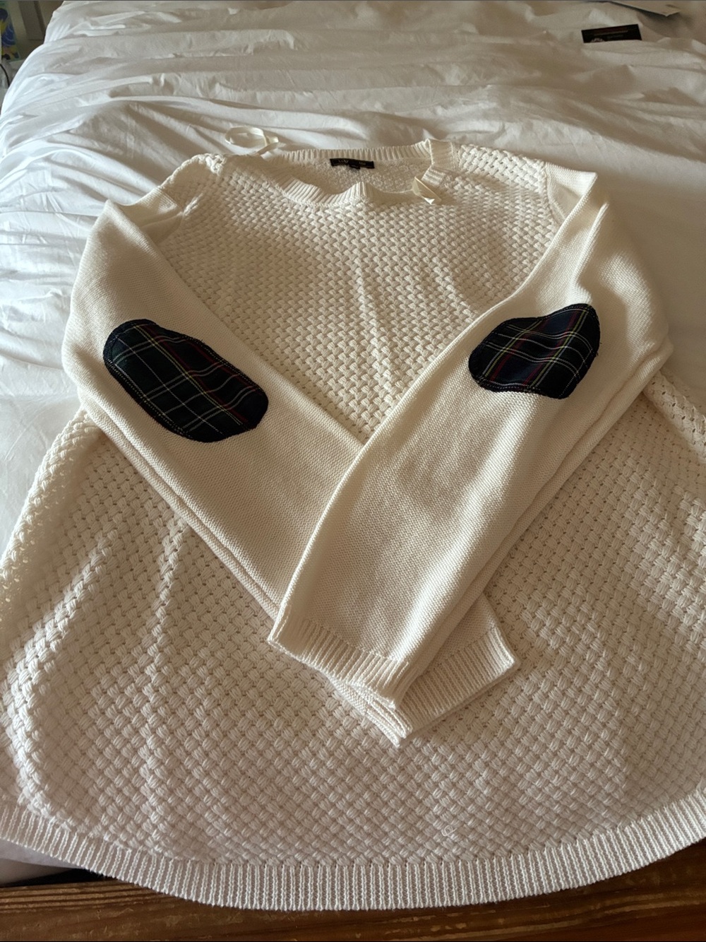 Cream Knit Sweater with Plaid Elbow Patches